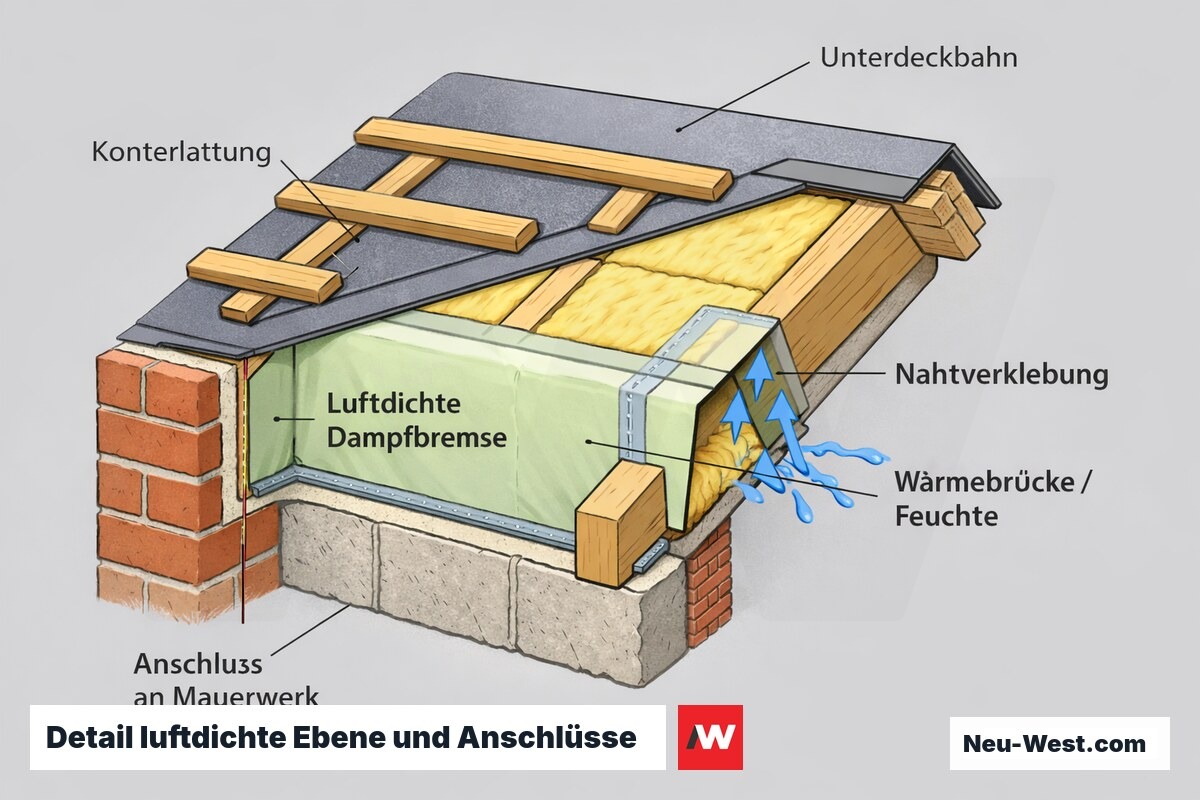 Bauteildetail einer Dachdämmung mit luftdichter Dampfbremse, verklebter Naht, Wandanschluss und markierter Wärmebrücke mit Feuchteeintritt.