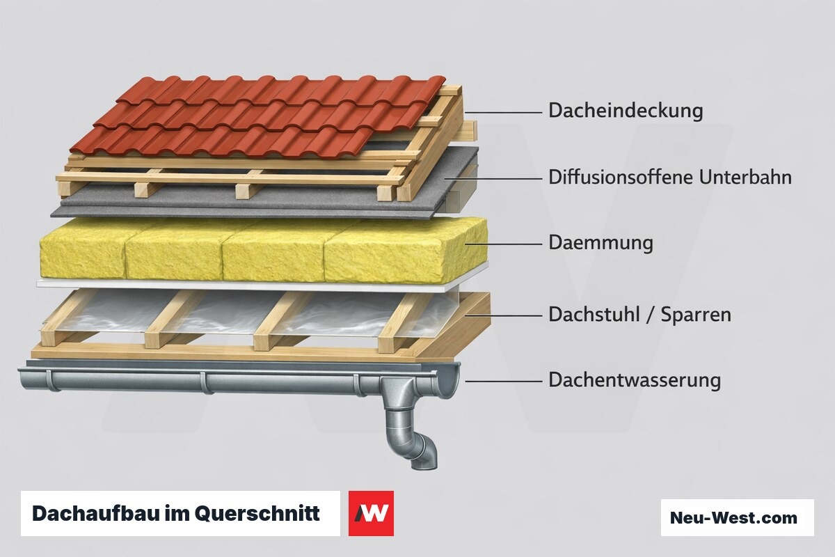 Querschnitt eines Steildachs mit Sparren-Dachstuhl, Dämmung, Ziegeleindeckung und Regenrinne als Entwässerung.