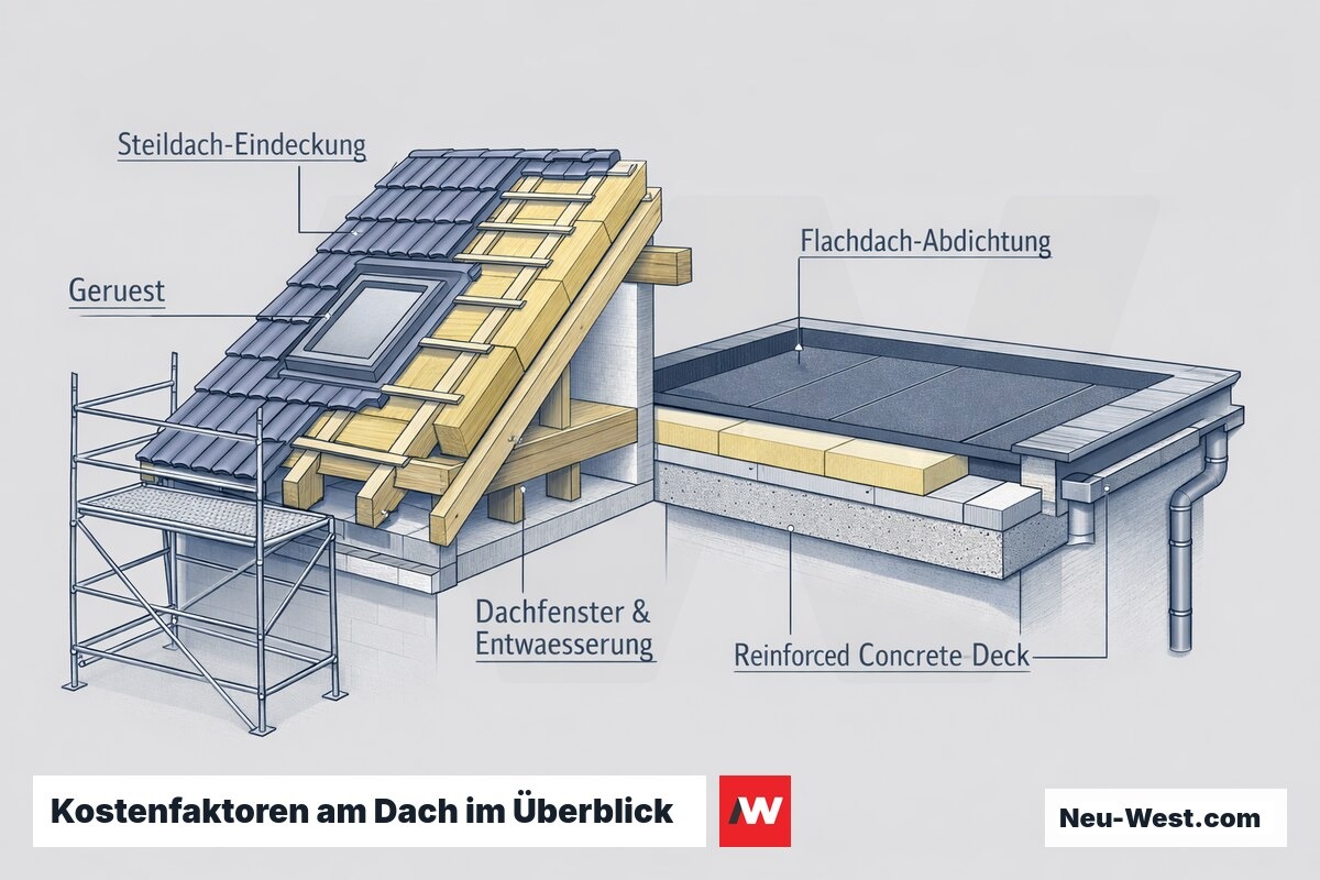 Querschnitt-Illustration von Steildach-Eindeckung, Flachdach-Abdichtung, Gerüst, Dämmung sowie Dachfenster und Entwässerung als Kostenfaktoren.