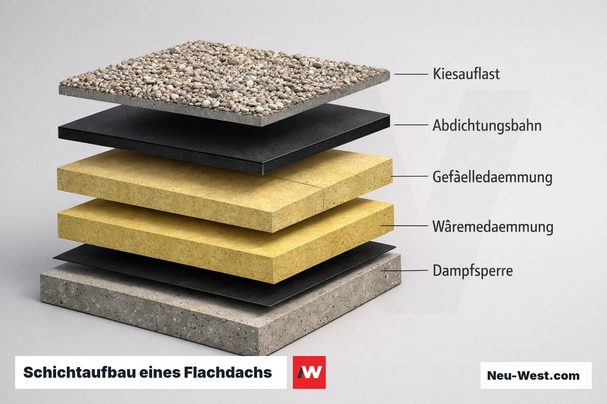 Isometrischer Schichtaufbau eines Flachdachs mit Dampfsperre, Dämmung, Gefälledämmung, Abdichtungsbahn und Kiesschicht auf Betondecke.