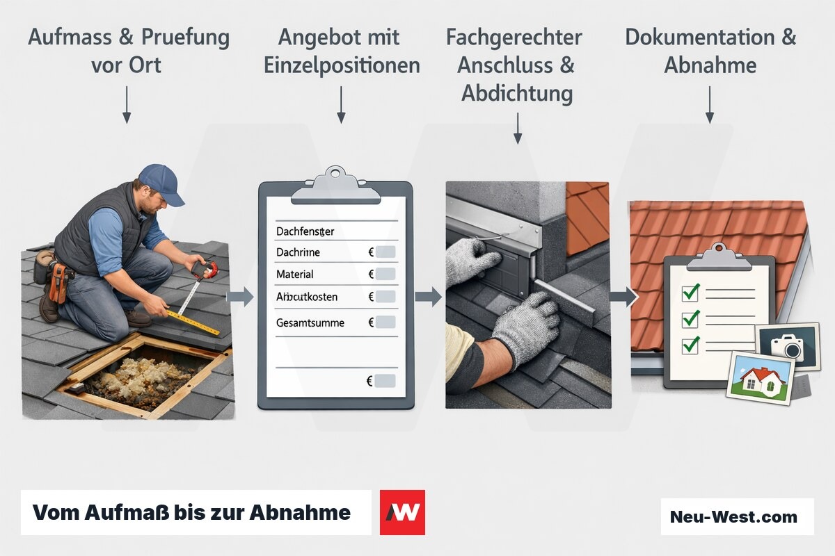 Prozess-Illustration in vier Schritten: Aufmaß mit verdecktem Schaden, Angebot mit Einzelpositionen, abgedichteter Detailanschluss und dokumentierte Abnahme.
