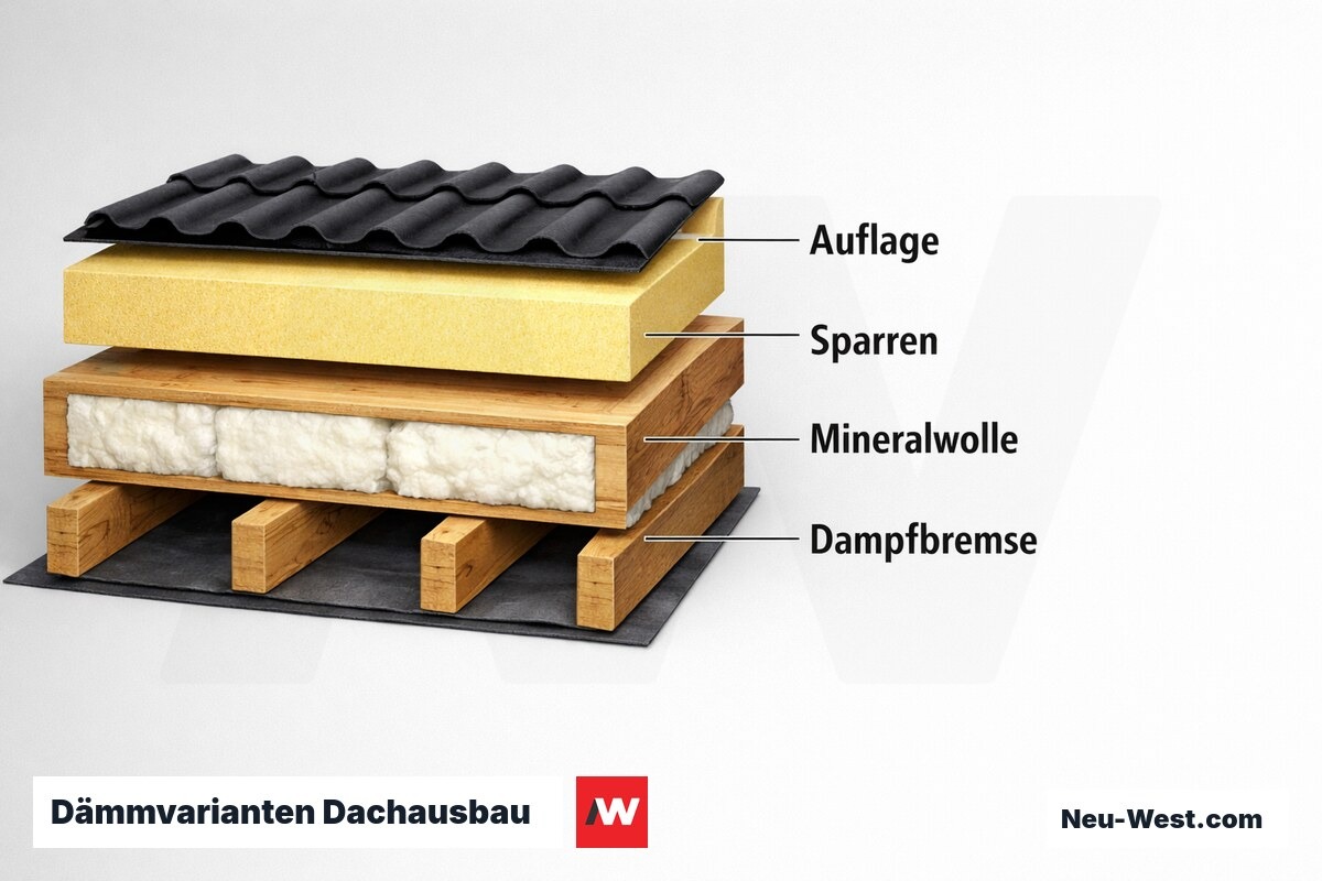 Dämmvarianten Dachausbau: Auf- und Zwischensparrensystem im Schichtvergleich – Erklär-Grafik (NEUWEST Berlin)