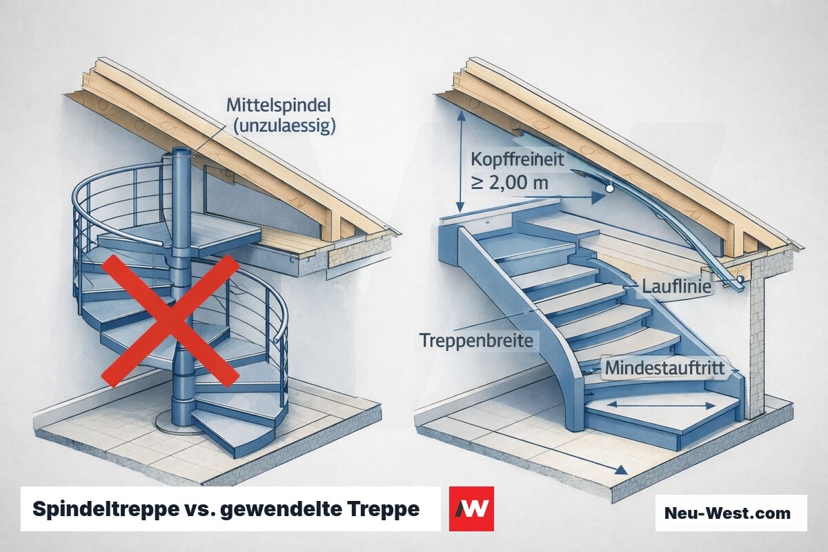 Querschnitt-Grafik: Spindeltreppe mit Mittelspindel als unzulässig markiert, daneben gewendelte Treppe mit Kopffreiheit, Lauflinie und Mindestauftritt nach DIN 18065.