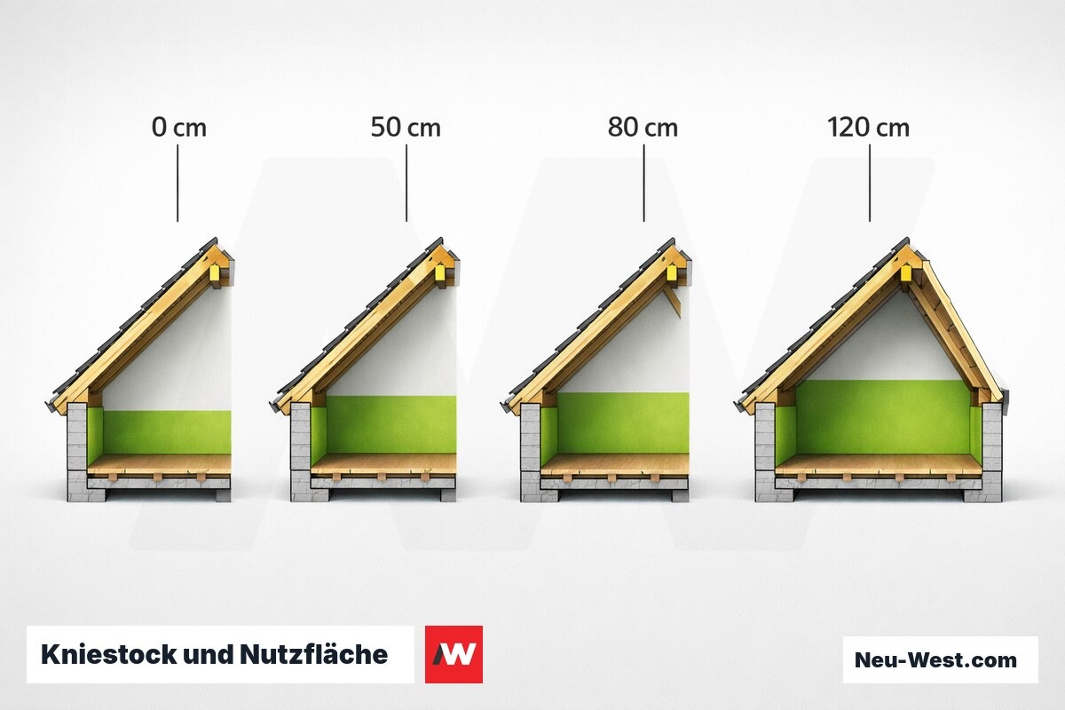 Kniestock und Nutzfläche: Wirkung bei 45° Dachneigung – Erklär-Grafik (NEUWEST Berlin)