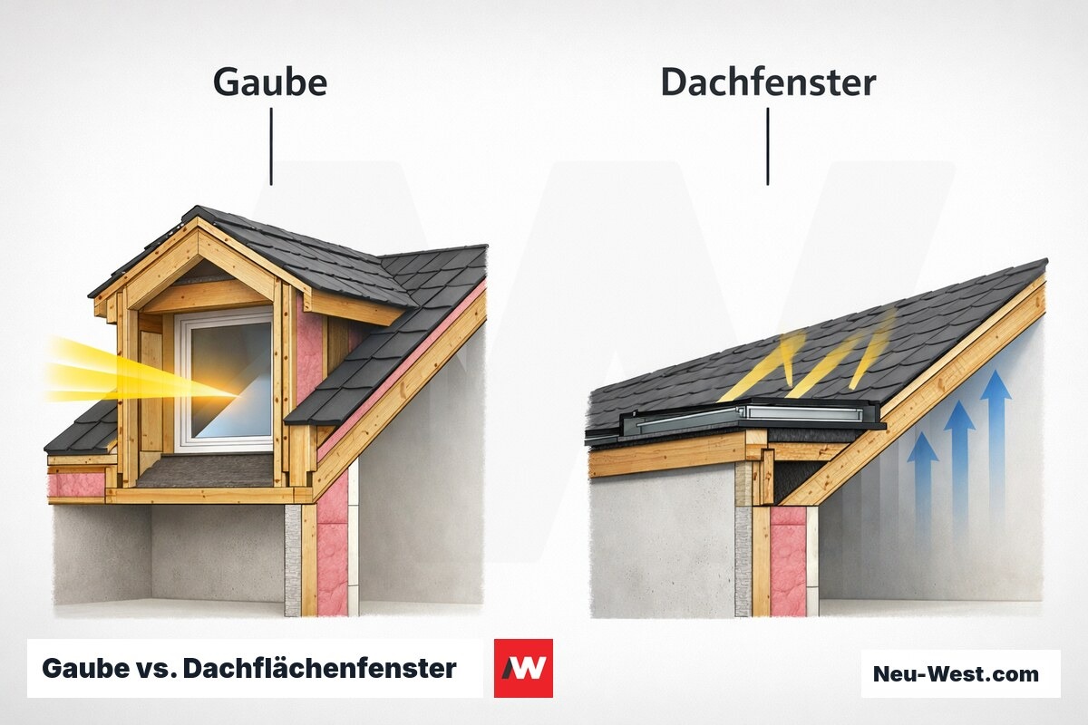 Gaube vs. Dachflächenfenster: Licht, Belüftung und Kosten im Vergleich – Erklär-Grafik (NEUWEST Berlin)