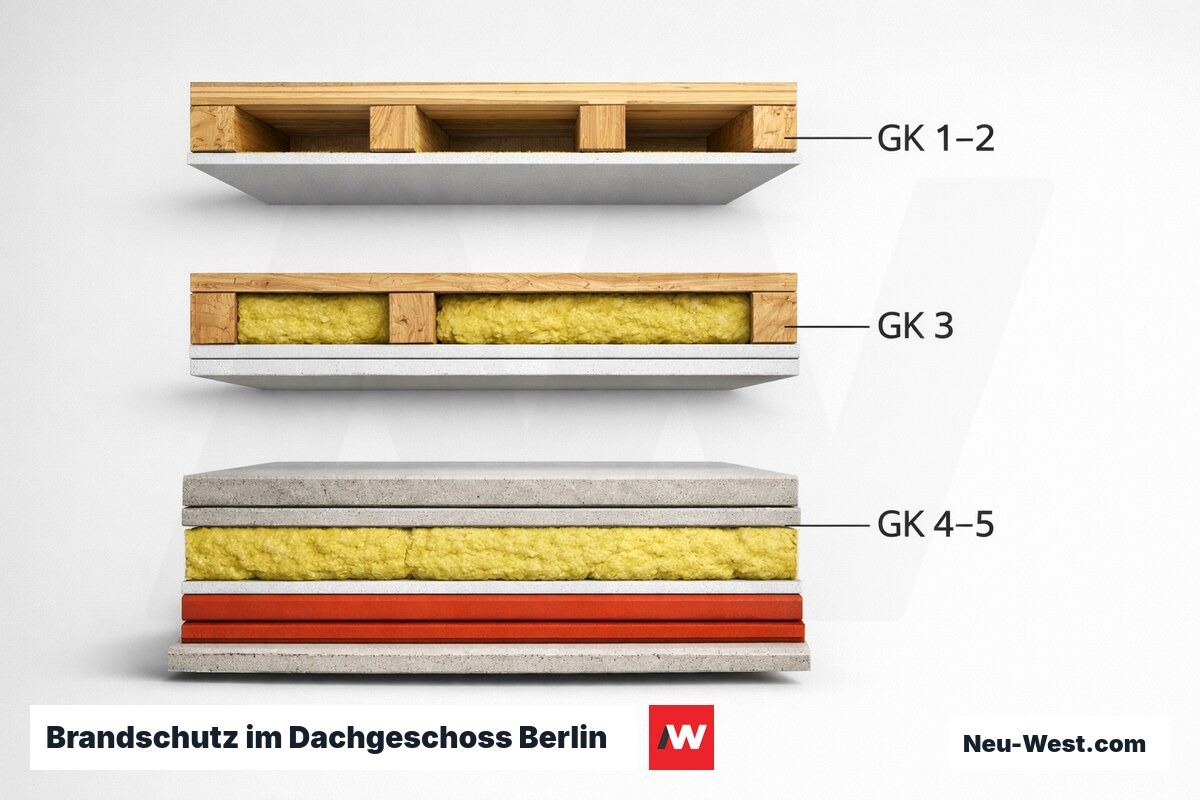 Brandschutz im Dachgeschoss Berlin: Feuerwiderstandsklassen nach Gebäudeklasse (BauO Bln) – Erklär-Grafik (NEUWEST Berlin)