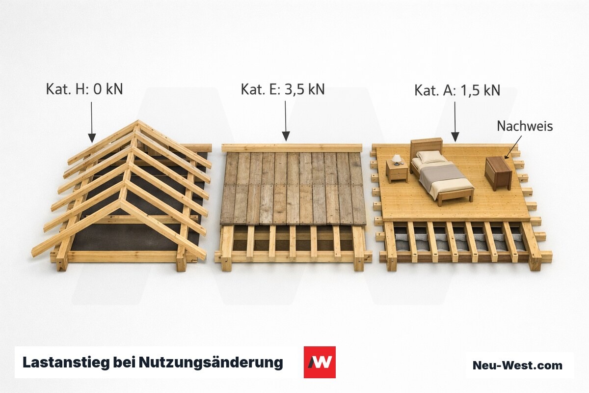 Lastanstieg bei Nutzungsänderung: Charakteristische Nutzlasten nach DIN EN 1991-1-1 – Erklär-Grafik (NEUWEST Berlin)