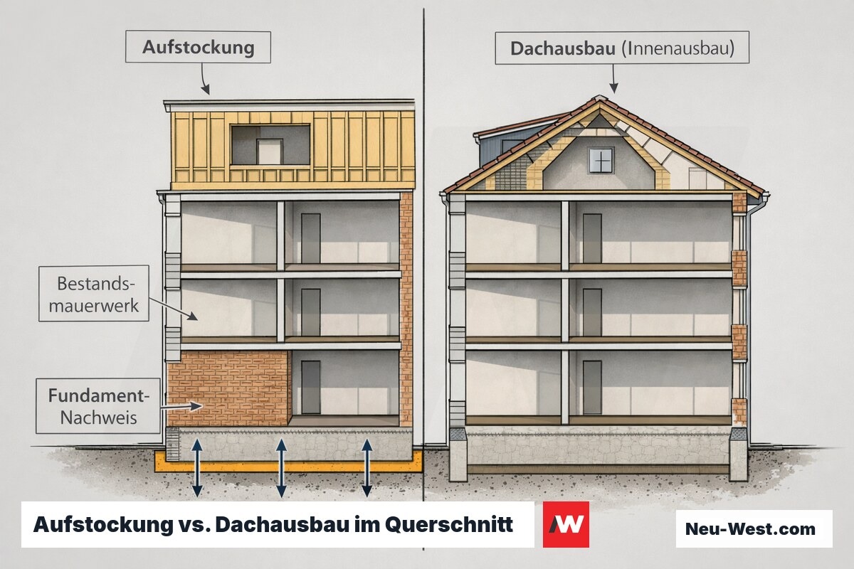 Querschnitt-Vergleich: links Aufstockung mit neuer Etage auf Bestandsmauerwerk und Fundament, rechts Dachausbau im vorhandenen Dachstuhl.