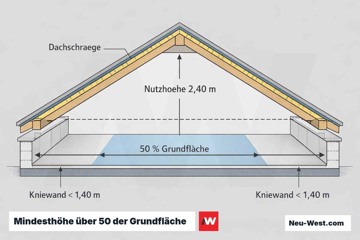 Querschnitt eines Dachraums mit Bemaßung der 2,40-m-Nutzhöhe über 50 Prozent der Grundfläche, Kniewand und Dachschräge nach BauO Bln.