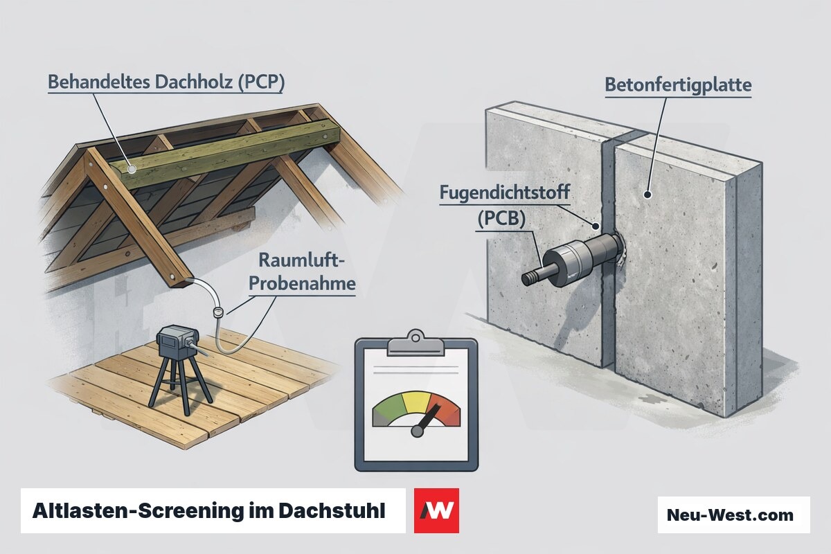 Querschnitt eines Dachstuhls mit PCP-behandeltem Holz, Raumluft-Probenahmepumpe und PCB-Fugendichtstoff-Beprobung an einer Betonfertigplatte vor dem Dachausbau.