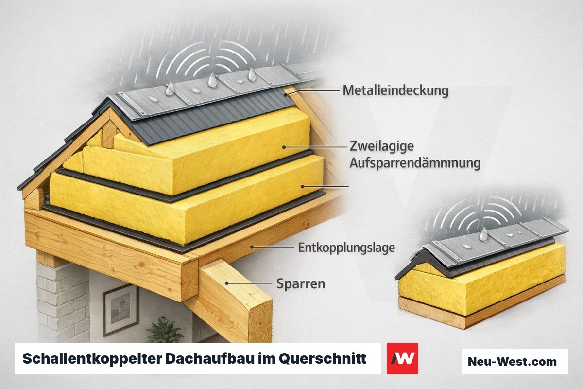 Querschnitt eines Steildachs: Metalleindeckung, Entkopplungslage und zweilagige biegeweiche Aufsparrendämmung reduzieren Regenschall gegenüber steifer Einlage.