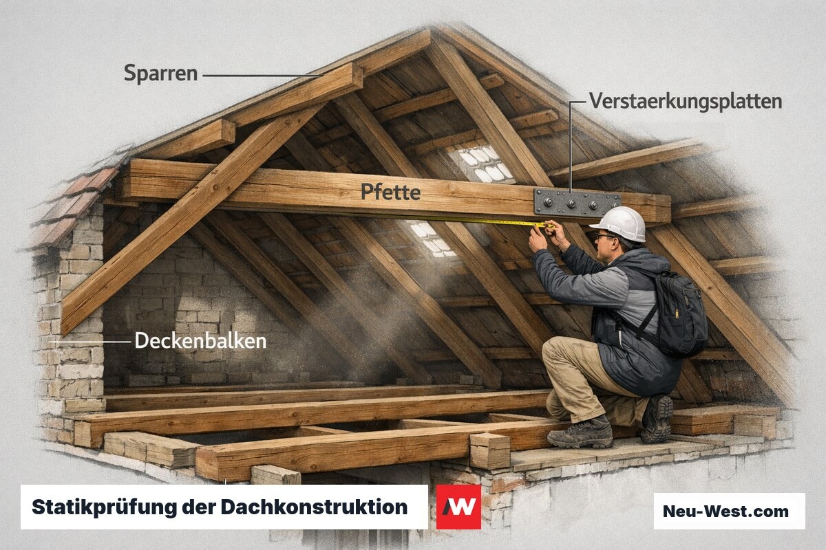 Querschnitt eines Altbau-Dachstuhls mit Sparren, Deckenbalken und Stahlverstärkungen bei der Statikprüfung