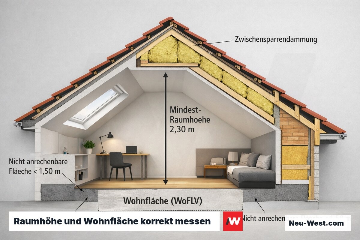 Querschnitt Dachgeschossausbau mit eingezeichneter Mindest-Raumhöhe 2,30 m und nicht anrechenbarer Schräge unter 1,50 m