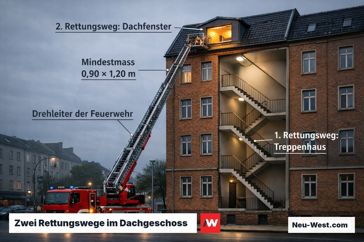 Gebäudeansicht mit Feuerwehr-Drehleiter am Dachfenster und Treppenhaus als zwei unabhängige Rettungswege im Dachgeschoss