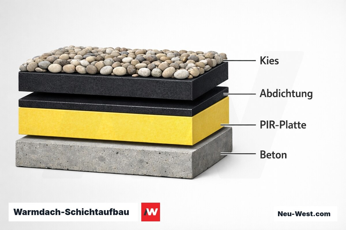 Warmdach-Schichtaufbau: Aufbaureihenfolge und Funktionsprinzip – Erklär-Grafik (NEUWEST Berlin)