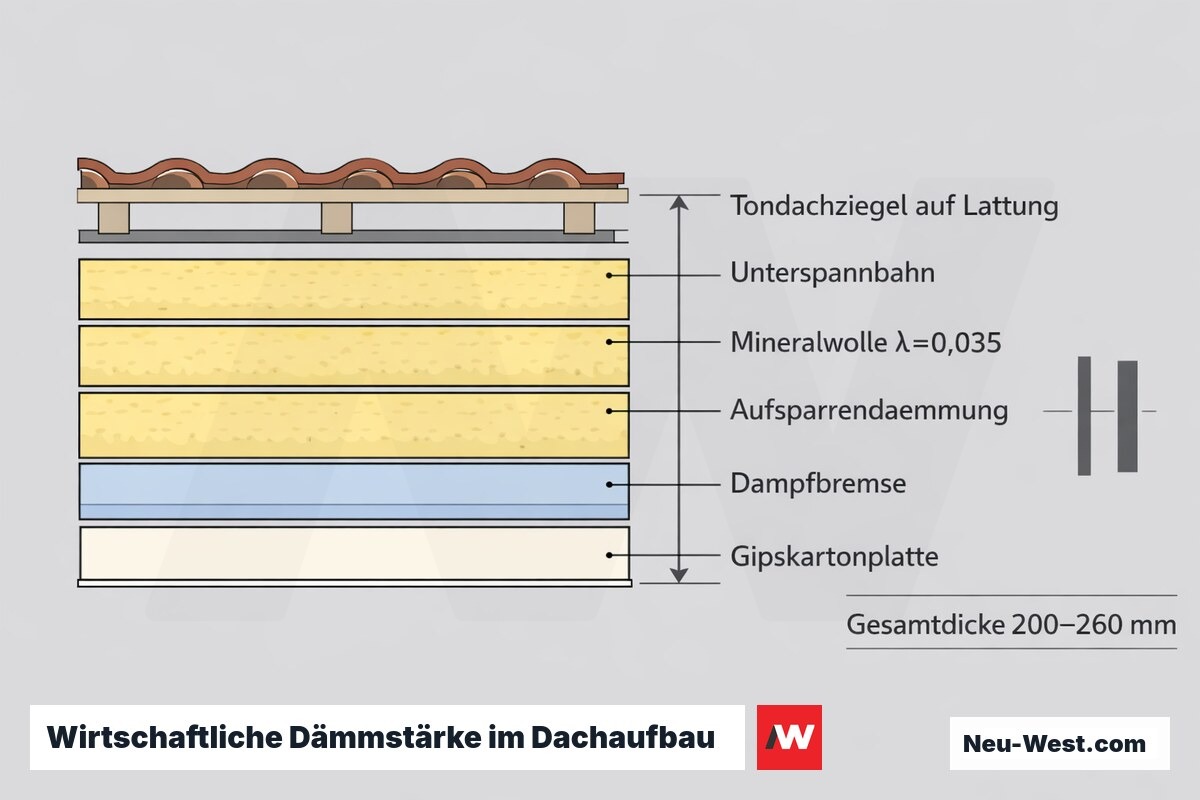 Querschnitt-Schichtaufbau eines gedämmten Dachs mit Mineralwolle und Bemaßung der wirtschaftlichen Gesamtdämmstärke 200 bis 260 mm.