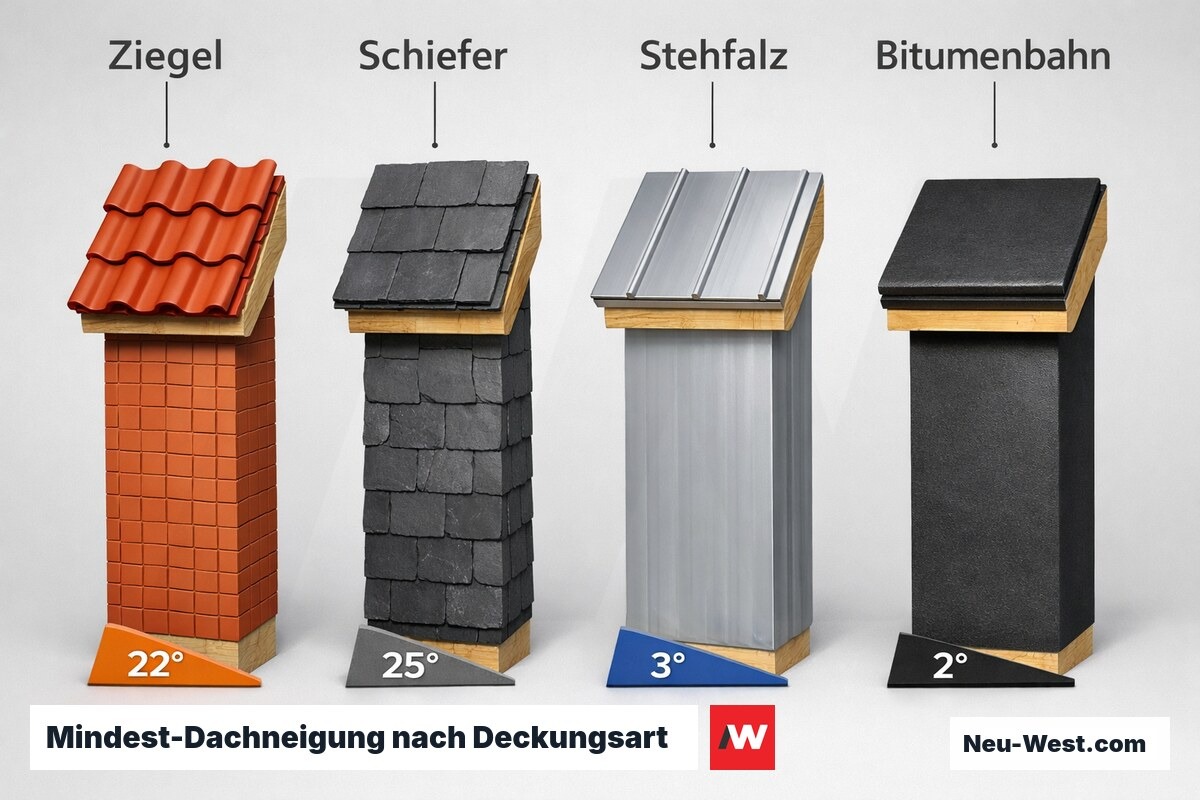 Mindest-Dachneigung nach Deckungsart: Zulässigkeitsmatrix – Erklär-Grafik (NEUWEST Berlin)
