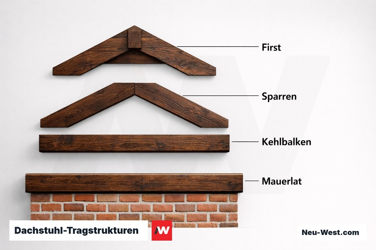 Dachstuhl-Tragstrukturen: Sparrendach, Kehlbalkendach, Stuhlkonstruktion im Vergleich – Erklär-Grafik (NEUWEST Berlin)