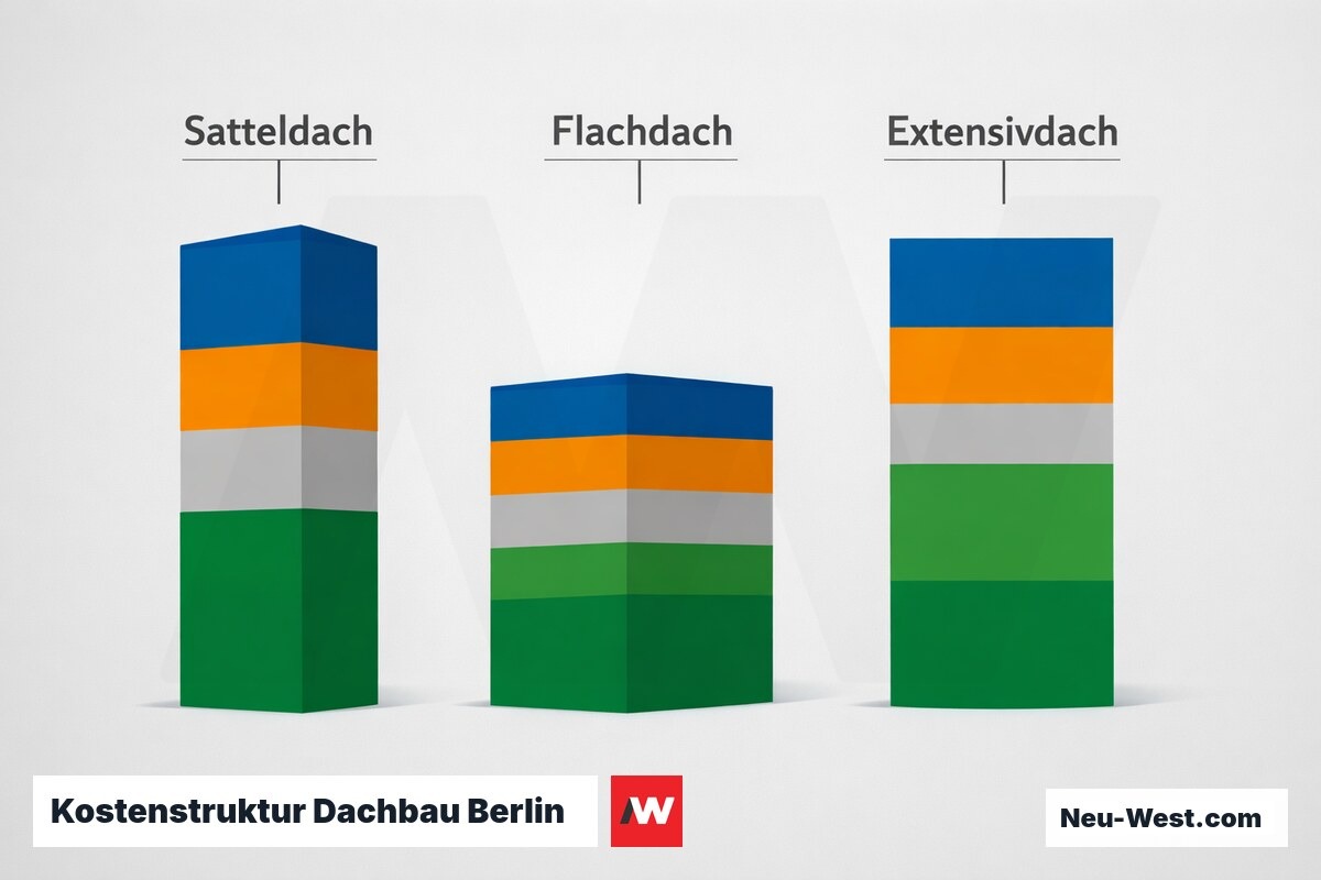 Kostenstruktur Dachbau Berlin: Gewerkanteile nach Dachtyp – Erklär-Grafik (NEUWEST Berlin)
