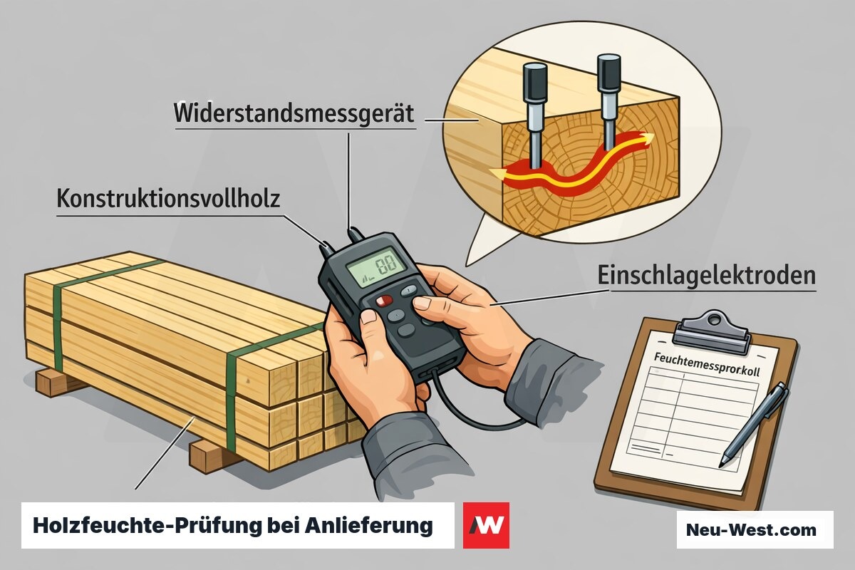 Erklär-Grafik: elektrisches Widerstandsmessgerät prüft die Holzfeuchte an Dachstuhl-Bauholz bei der Anlieferung, mit Messprotokoll.
