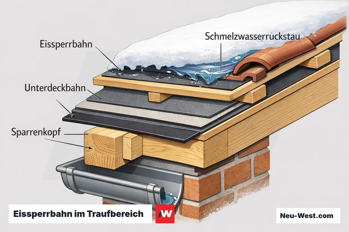 Querschnitt Traufdetail: selbstklebende Eissperrbahn unter der Unterdeckbahn schützt den Sparrenkopf bei Schmelzwasserrückstau unter gefrorenem Schnee.