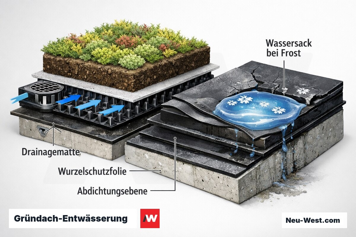 Querschnitt eines FLL-Gründachs mit Drainagematte, korrektem Wasserablauf links und Wassersack mit Frostschaden an der Wurzelschutzfolie rechts.