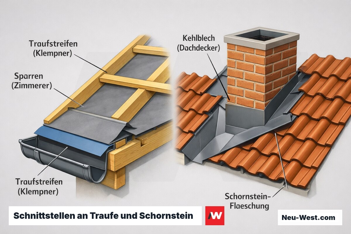 Dach-Cutaway zeigt Traufstreifen, Kehlblech, Schornstein-Fläschung und Sparren als abgegrenzte Gewerke-Schnittstellen zwischen Zimmerer, Dachdecker und Klempner.