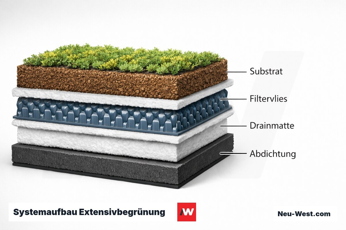 Systemaufbau Extensivbegrünung: Schicht für Schicht mit Schichtdicken – Erklär-Grafik (NEUWEST Berlin)