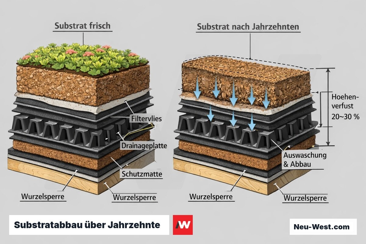 Querschnitt-Vergleich einer Extensivbegrünung: frisches Substrat gegenüber abgebautem, dünnerem Substrat mit 20–30 % Höhenverlust durch Auswaschung.