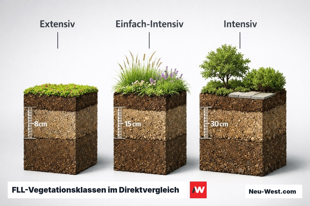 FLL-Vegetationsklassen im Direktvergleich: Substratdicke, Pflege und Kosten – Erklär-Grafik (NEUWEST Berlin)