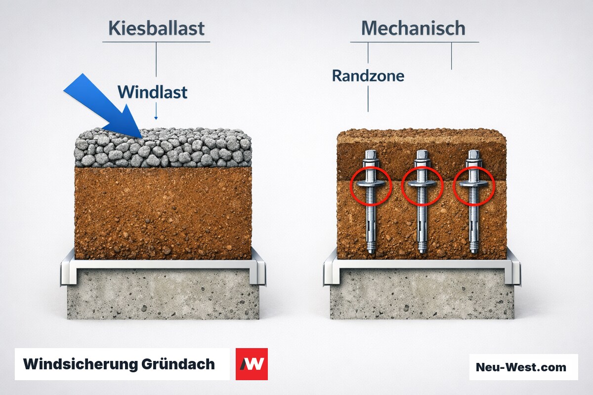 Windsicherung Gründach: Ballastbemessung versus mechanische Befestigung – Erklär-Grafik (NEUWEST Berlin)