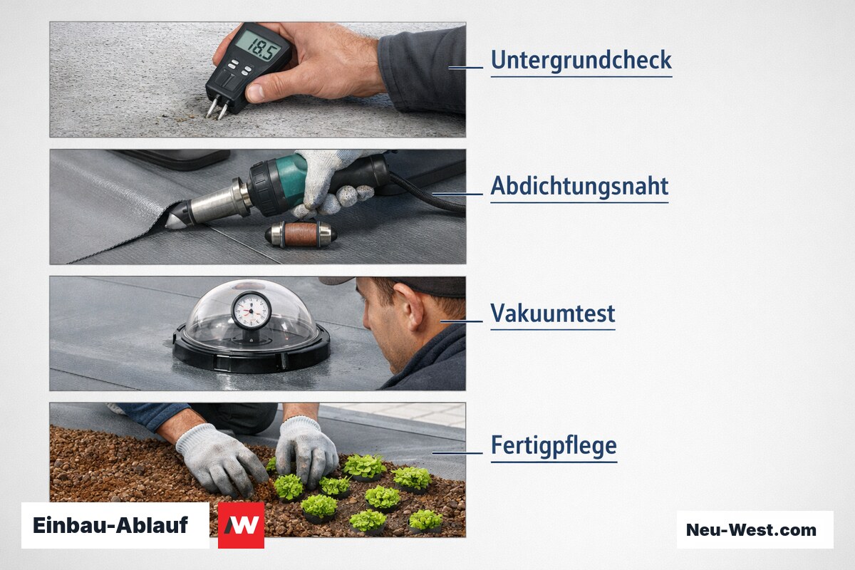 Einbau-Ablauf: Qualitätskontrollpunkte von Untergrundprüfung bis Fertigstellungspflege – Erklär-Grafik (NEUWEST Berlin)