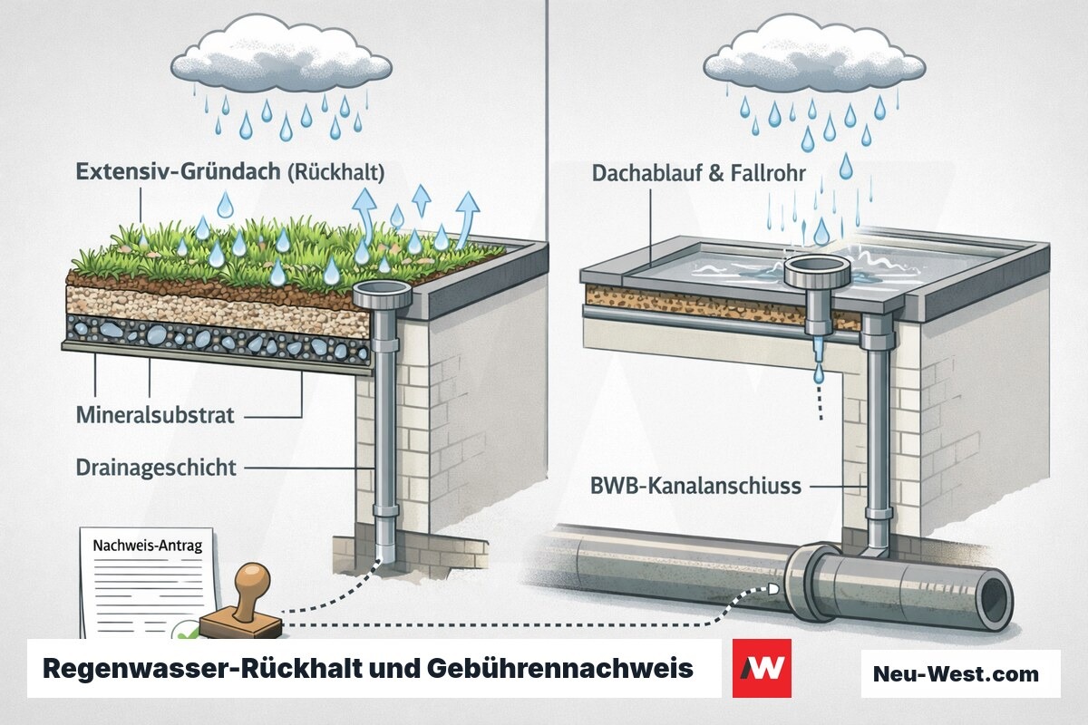 Querschnitt: Extensiv-Gründach hält Regenwasser zurück, reduzierter Abfluss über Fallrohr in BWB-Kanal, daneben Nachweis-Antrag zur Gebührensenkung.