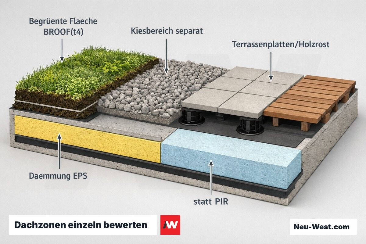 Dachquerschnitt mit begrünter BROOF(t4)-Fläche neben Kiesbereich, Terrassenplatten und Dämmschicht aus EPS oder PIR