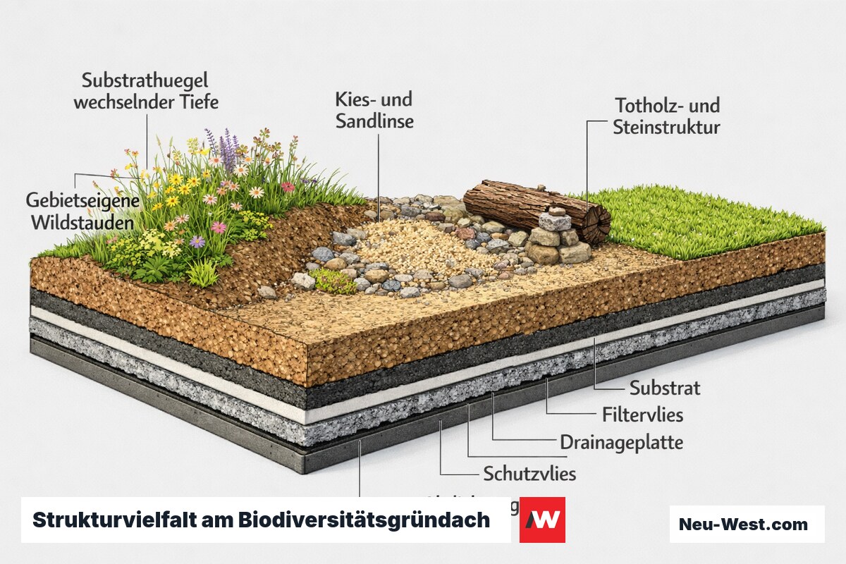 Querschnitt eines Biodiversitätsgründachs mit Substrathügeln, Kieslinsen, Totholzstruktur und gebietseigenen Wildstauden im Vergleich zur monotonen Sedumfläche.