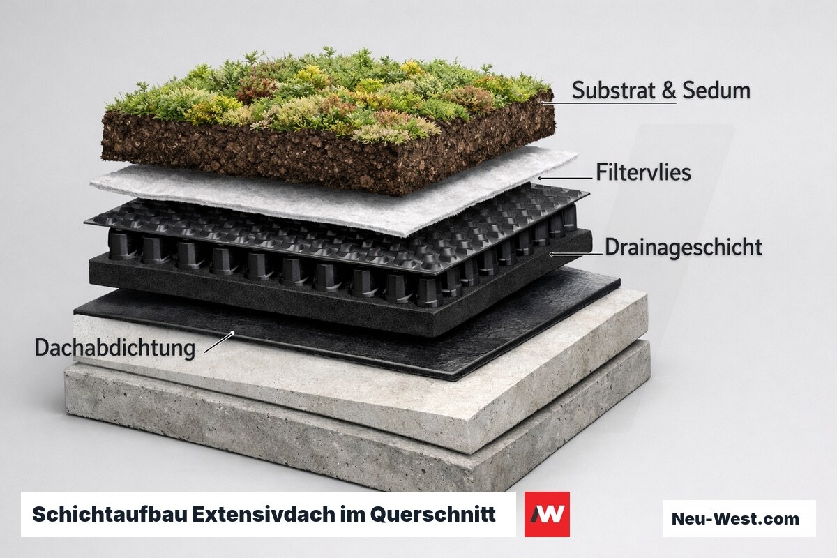Technischer Querschnitt eines Extensivgründaches mit allen Schichten von der Betondecke bis zur Sedumbepflanzung