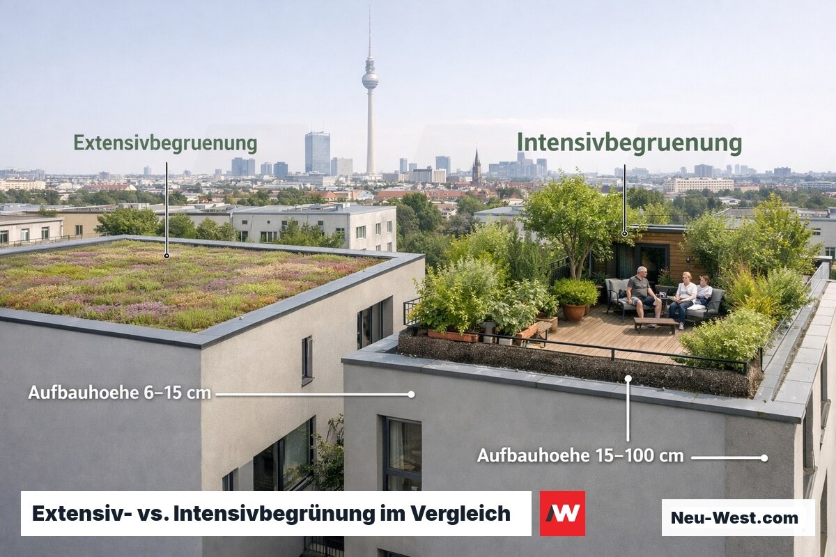 Zwei Berliner Flachdächer nebeneinander – links flaches Sedumdach, rechts begehbarer Dachgarten mit Sträuchern