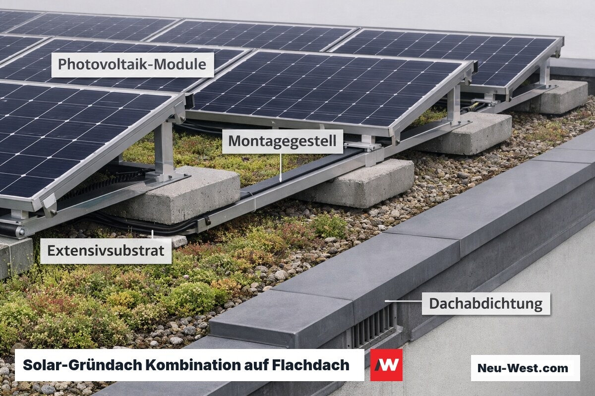 Photovoltaikanlage kombiniert mit extensiver Dachbegrünung auf einem Berliner Flachdach, Solarmodule über Sedumfläche