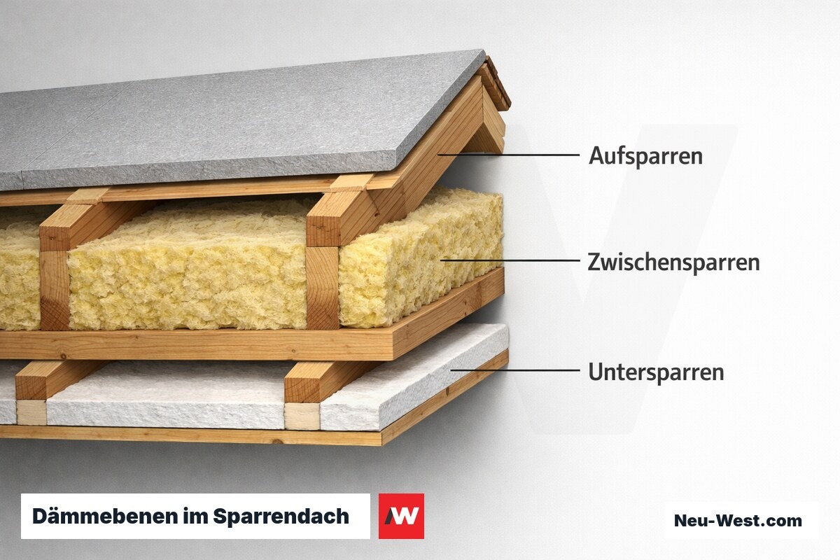 Dämmebenen im Sparrendach: Auf-, Zwischen- und Untersparren im Vergleich – Erklär-Grafik (NEUWEST Berlin)