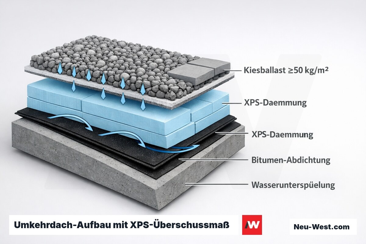 Querschnitt eines Umkehrdachs: Betondecke, Abdichtung, loose XPS-Dämmung, Filtervlies und Kiesballast, mit Wasser das unter die Dämmplatten fließt.