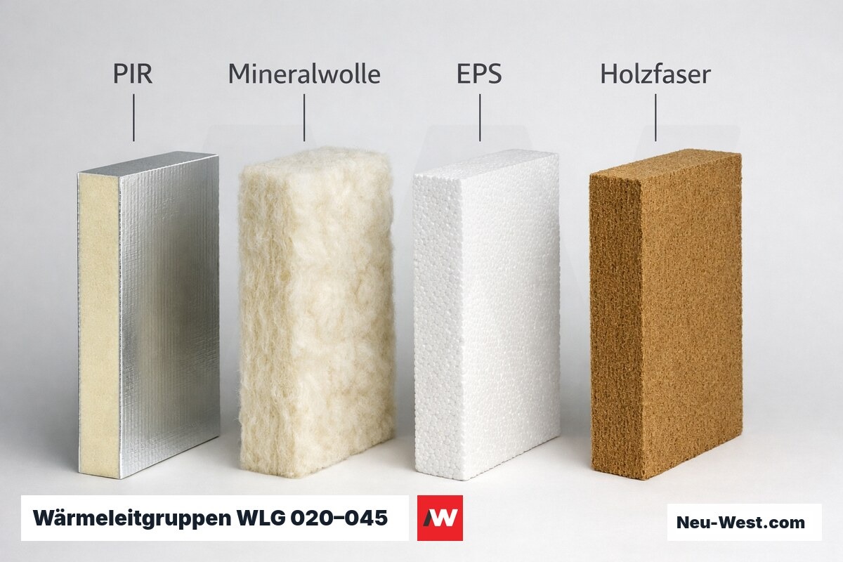 Wärmeleitgruppen WLG 020–045: Materialvergleich für die Dachdämmung – Erklär-Grafik (NEUWEST Berlin)