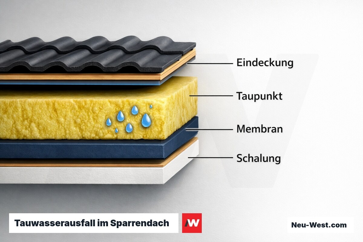 Tauwasserausfall im Sparrendach: Glaserdiagramm — kritischer vs. sicherer Aufbau – Erklär-Grafik (NEUWEST Berlin)