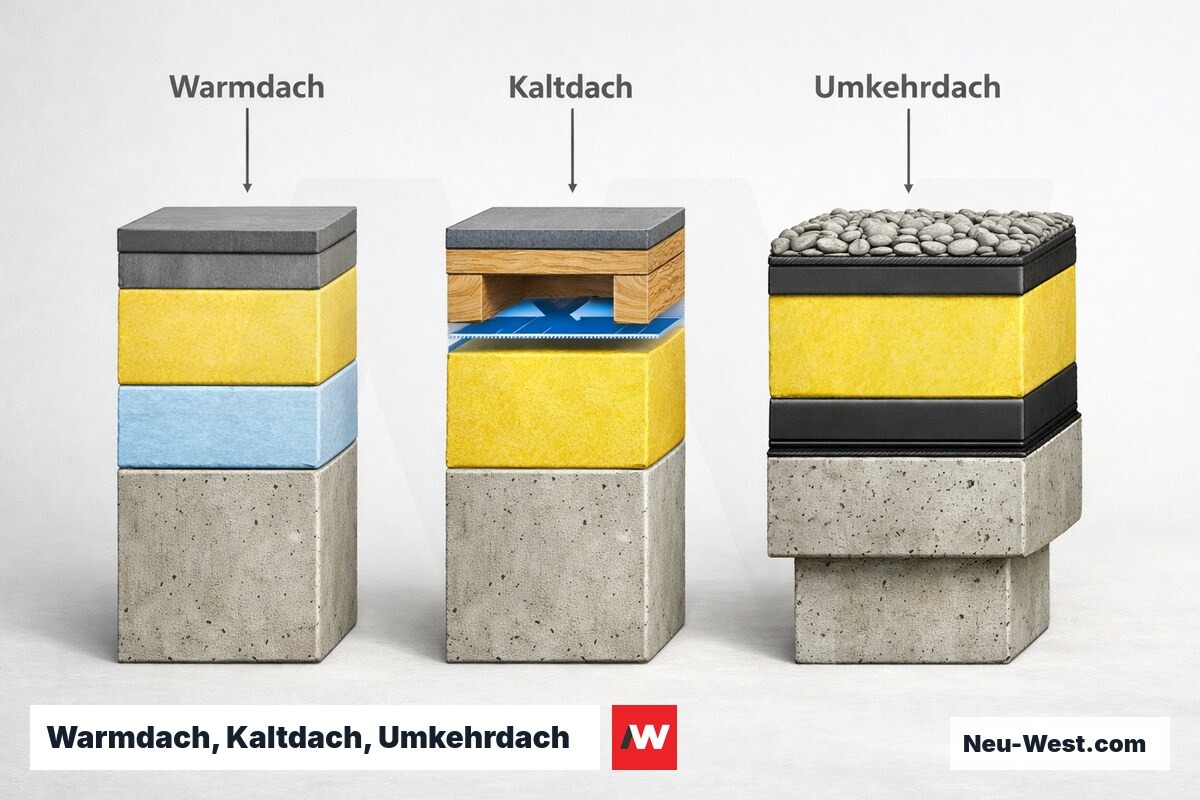 Warmdach, Kaltdach, Umkehrdach: bauphysikalischer Systemvergleich – Erklär-Grafik (NEUWEST Berlin)