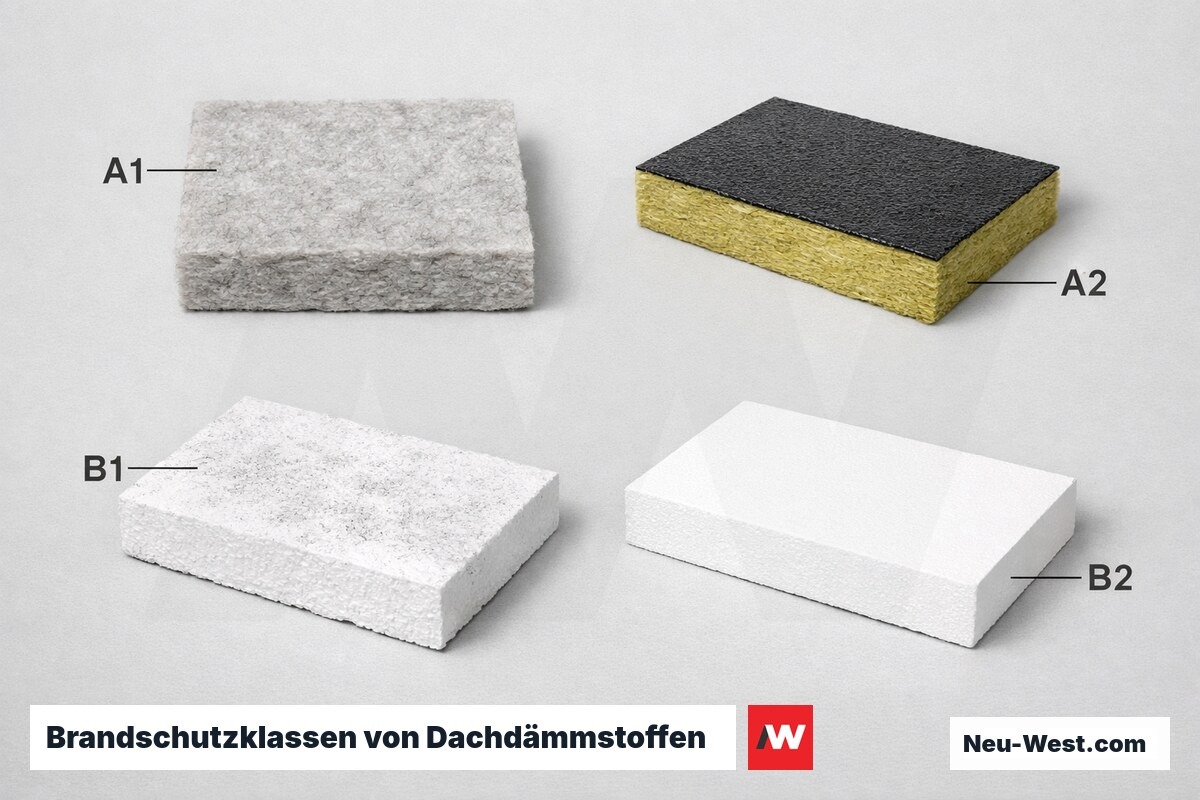 Brandschutzklassen von Dachdämmstoffen: Euroklassen nach DIN EN 13501-1 und nationale Klassen nach DIN 4102 – Erklär-Grafik (NEUWEST Berlin)