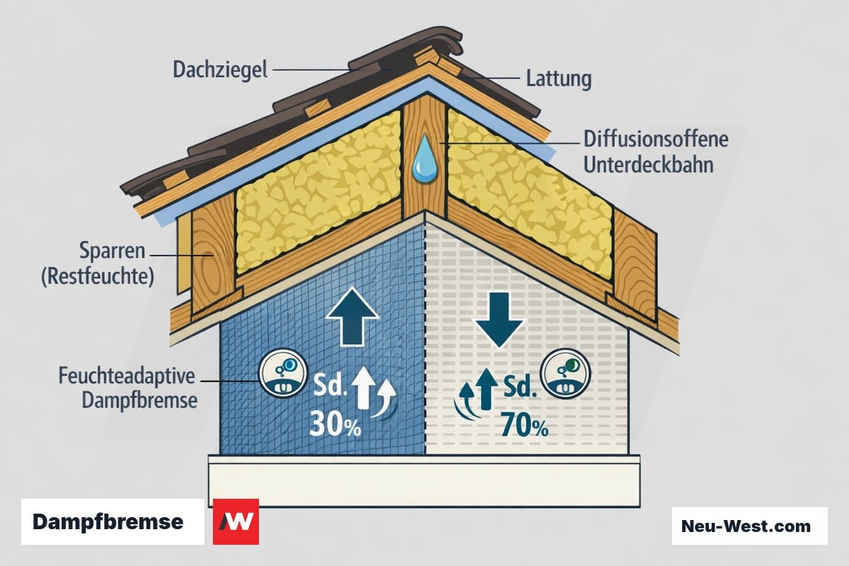 Querschnitt Sparrendach im Bestand: feuchteadaptive Dampfbremse mit hohem sd-Wert im Winter und niedrigem sd-Wert im Sommer, Zwischensparrendämmung und Sparren-Restfeuchte.