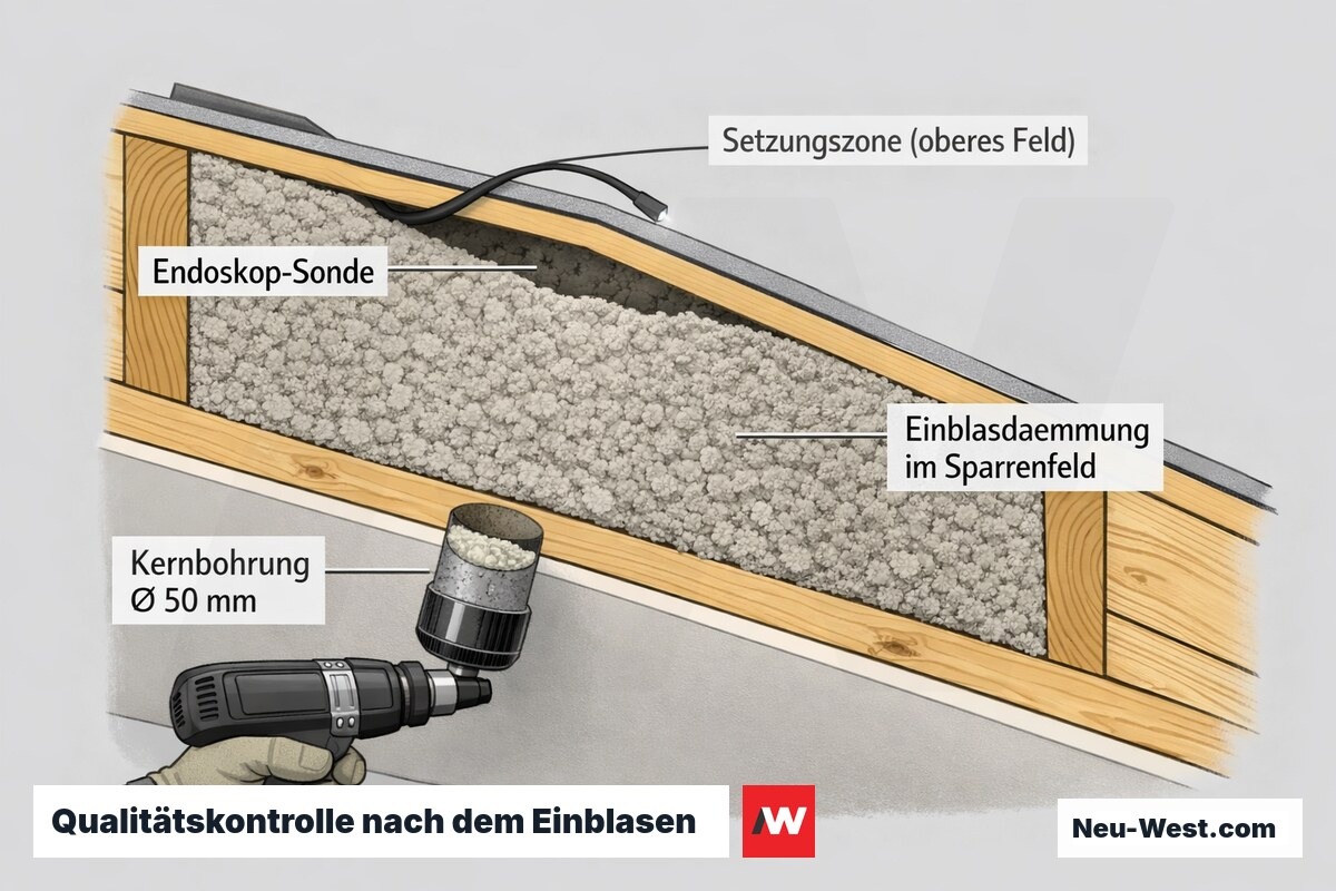 Querschnitt eines Sparrenfelds mit Einblasdämmung, Kernbohrung und Endoskopie zur Setzungskontrolle sowie Setzungszone im oberen Feldbereich.