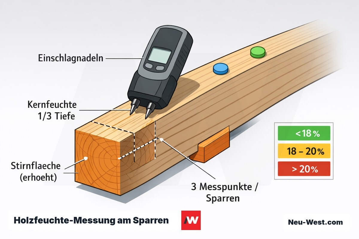 Querschnitt eines Dachsparrens mit Widerstands-Feuchtemessgerät, Einschlagnadeln in Kernzone bei Drittel-Tiefe, drei Messpunkten und erhöhter Stirnfläche.