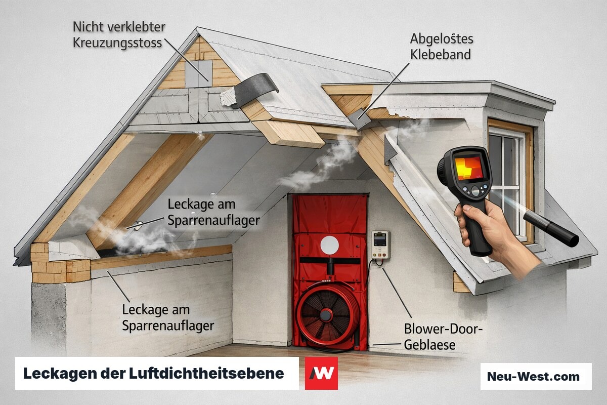 Dachquerschnitt zeigt undichte Stellen der Luftdichtheitsebene an Kreuzungsstoß, Klebeband und Sparrenauflager sowie Blower-Door-Test zur Leckortung.