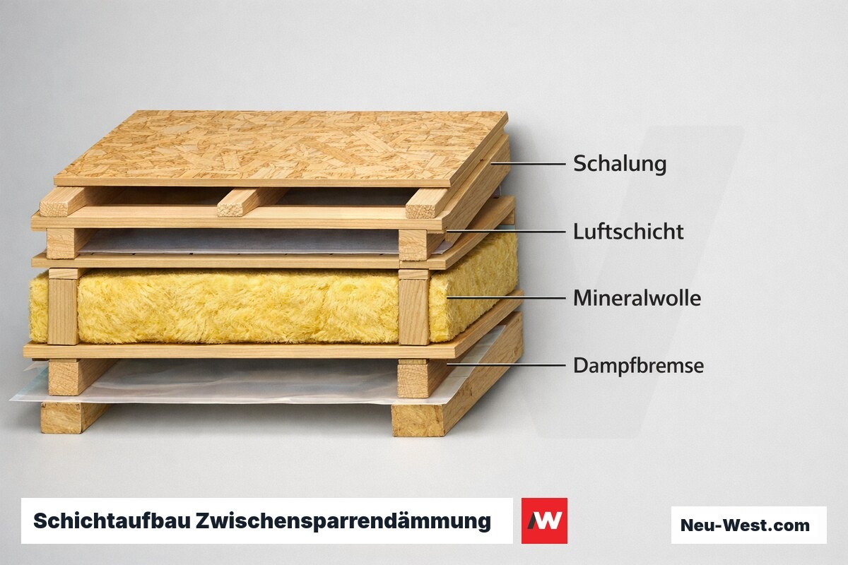 Schichtaufbau Zwischensparrendämmung — bauphysikalisch kritische Ebenen – Erklär-Grafik (NEUWEST Berlin)