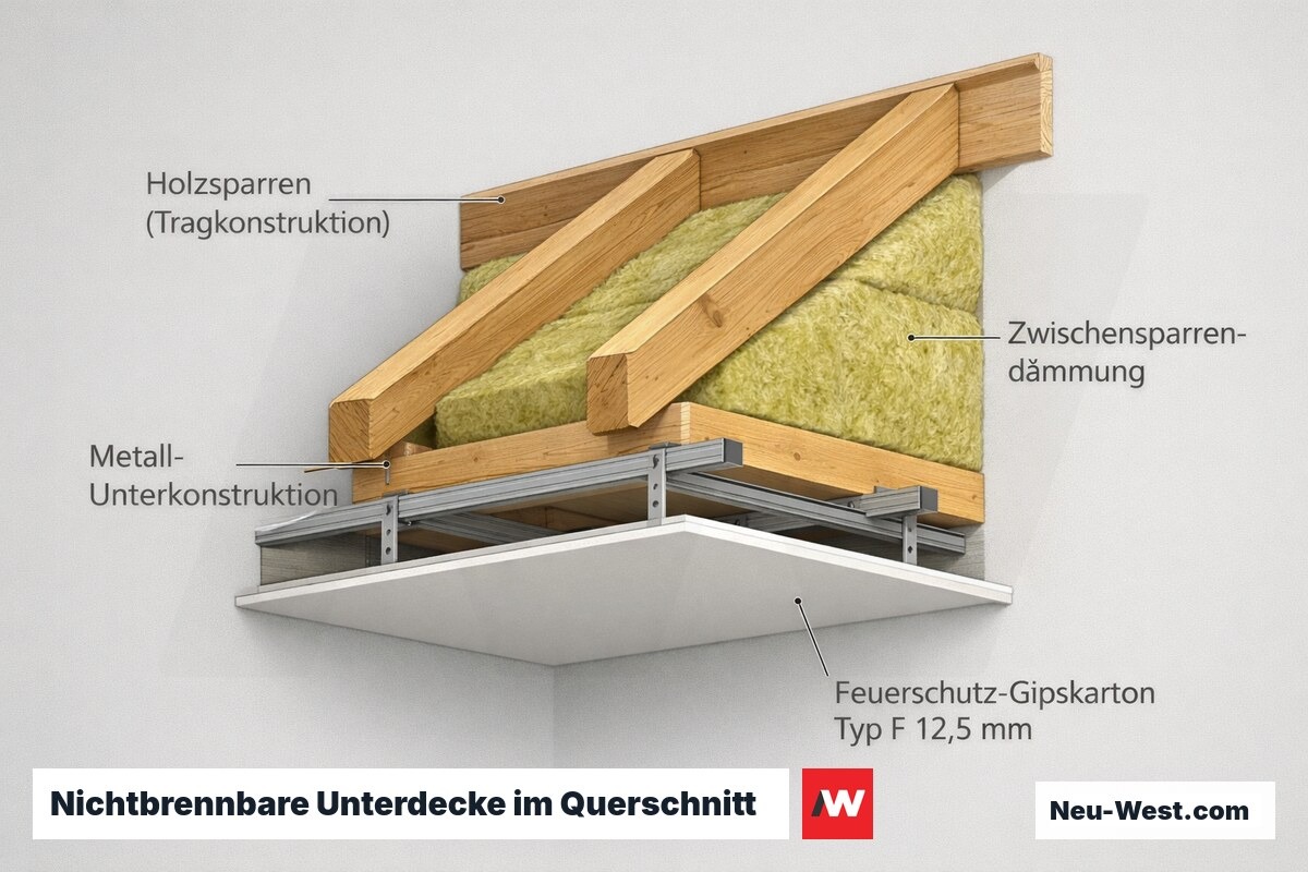 Querschnitt eines Dachaufbaus mit Holzsparren, Metall-Unterkonstruktion und nichtbrennbarer Feuerschutz-Gipskarton-Unterdecke zur Kapselung des Dachraums.